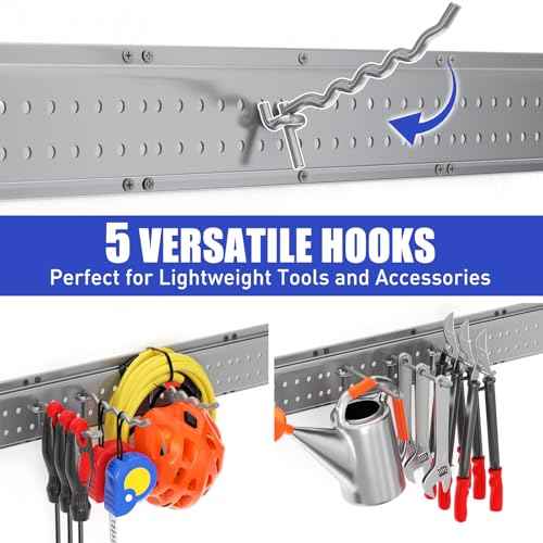 Garage Tool Organizer Wall Mount 64 inches with 13 Adjustable Heavy-Duty Hooks, Garage Organization, Garden Tool Storage Rack, Yard, and Shed, Holds Up to 520 lbs (Grey)