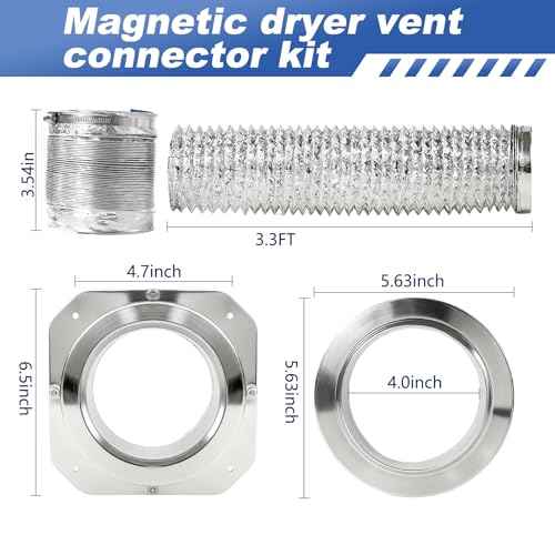 Magnetic Dryer Vent connector, Easy to clean and install dryer vent, Magnetic Dryer Vent Coupling Kit including a 3.3 FT 4" Duct and one Clamps