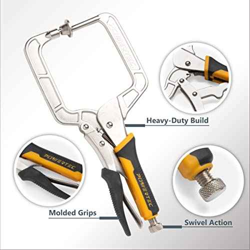 POWERTEC Pocket Hole Clamp, Quick Release 12¡± Right Angle Clamp for Pocket Hole Joinery, Vise Grip Clamps w/Ergonomic Grip & Swivel Pad, Clamps for Woodworking, DIY, Drawer Making - 2PCs (71744)
