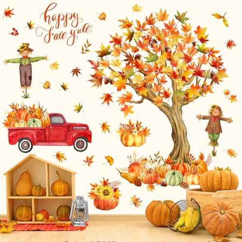 Thanksgiving Fall Wall Decals Autumn Maple Leaves Scarecrow Pumpkin Truck Thanksgiving Removable Sticker Cute Fall Wall Mural Art for Classroom Bedroom Decor
