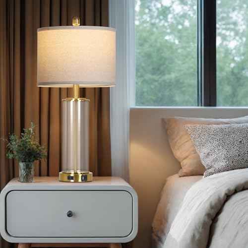 26" Gold Glass Table Lamp for Living Room Single, 3-Way Dimmable Touch Control Bedroom Lamps with USB C+A Ports & AC Outlet, Modern Bedside Lamp for Nightstand Side End Table (Bulb Included)