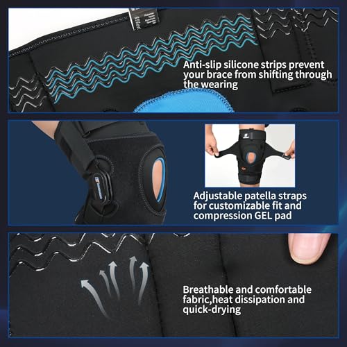 Knee Brace with Side Stabilizers & Patella Gel Support, Knee Brace for Men/Women with Removable Dual Metal Hinges, Adjustable Knee Braces for Knee Pain Relief, Arthritis, Meniscus Tear, ACL, PCL, MCL