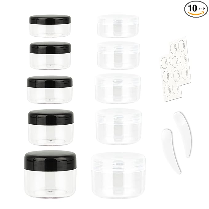 10pcs Small Travel Containers with Screw Lids, 5 Size 3/5/10/15/20 Gram Sample Jars with 12 Labels and 2 Mini Disposable Spatulas, Makeup Containers BPA Free