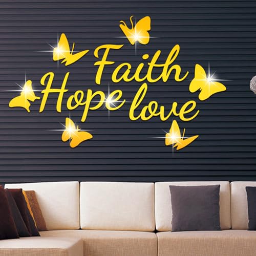 Faith Hope Love 3D Acrylic Mirror Wall Decor Stickers, Butterfly Faith Hope Love Wall Decal, Peel and Stick Motivation Letter Wall Sayings Vinyl Lettering Art Quotes for Home Bedroom, Silver