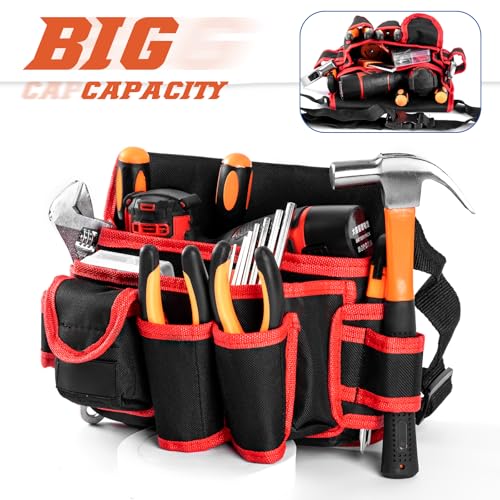 Ultra-Thick Men's Tool Belts Fits Waist 31¡±to 52¡± Adjustable Oxford Work Pouch with 15 Durable Pockets, Ideal for Repair & Electrical Work (Red, Extra Large)