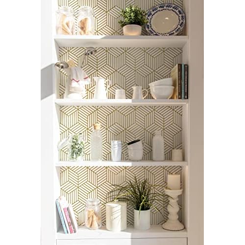 Geometric Wallpaper Peel and Stick Wallpaper Removable Self Adhesive Wall paper White/Gold Striped Hexagon Contact Paper for Cabinets Shelf Drawer Liner Renter Friendly Vinyl Roll 17.7"x118.1" Upgrade