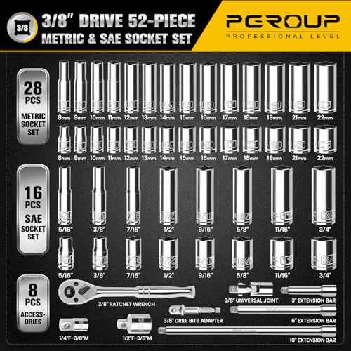 3/8" Drive Socket Set, 52-Piece SAE (3/16-9/16 in) and Metric (4-14 mm) Deep & Shallow Socket Kit, 90-Tooth Ratchet Wrench, 6-Point, Chrome Vanadium Steel Mechanic Tool Set