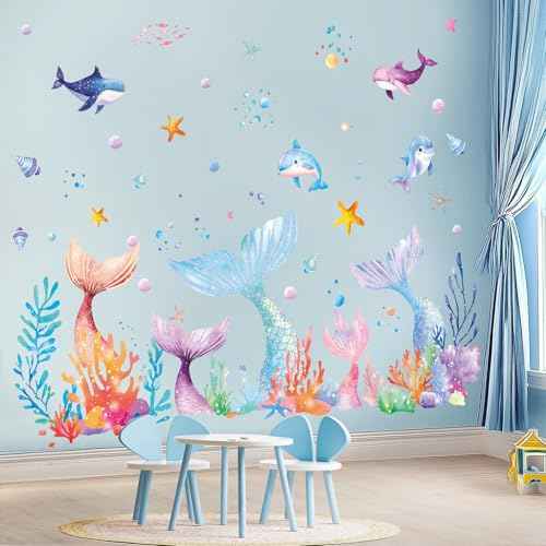 SHUCHING Mermaid Tail Wall Sticker Peel and Stick, Under The Sea Wall Decal, Wall Decor Art for Girls Bedroom Baby Nursery Bathroom