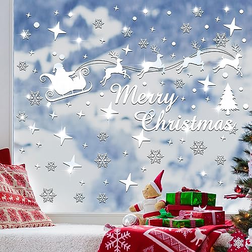 Christmas Mirror Decals Stickers Merry Christmas Santa Claus Reindeer Snowflakes Window Mirror Clings Xmas Acrylic Wall Art Decals Decor for DIY Holiday Winter Party Home Window Decor