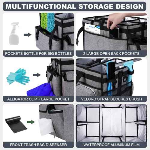 Large Cleaning Caddy Bag with Rigid Support Board, Cleaning Organizer Tote with Detachable Divider, Adjustable Shoulder Strap & Waist Belt, Cleaning Supply Carrier for Cleaners & Housekeepers