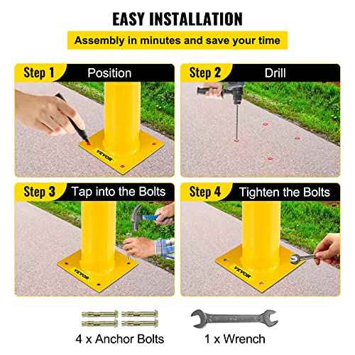 BestEquip Safety Bollard 36-4.5 Safety Barrier Bollard 4-1/2" OD 36" Height Yellow Powder Coat Pipe Steel Safety Barrier with 4 Free Anchor Bolts for Traffic-Sensitive Area
