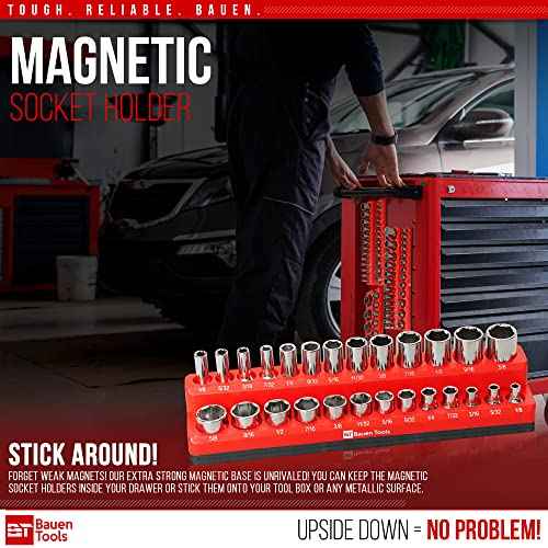Magnetic Socket Organizer Set -3 Piece SAE Magnetic Socket Holder Set Red - 1/2-inch, 3/8-inch & 1/4-inch Drive, Holds 68 Sockets, Professional Grade Socket Tray Organizer.
