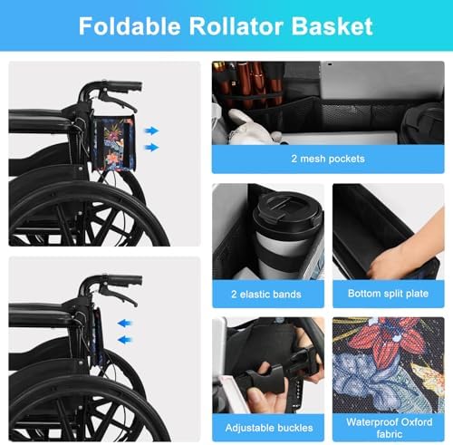 supregear Wheelchair Basket for Back, Large Capacity Wheelchair Backpack Organizer Bag with Multiple Pockets and Cup Holder, Waterproof Storage Pouch for Seniors, Floral Black