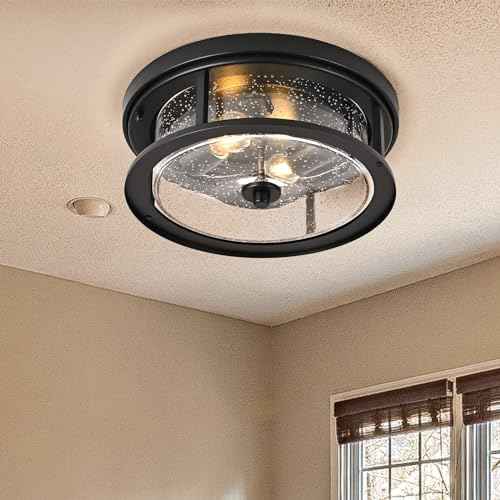 Black Ceiling Light Fixtures Flush Mount Light, 2 Bulb with Glass Flush Mount Ceiling Lights Fixture Bedroom, Indoor Outdoor Ceiling Lights for Porch Hallway Kitchen