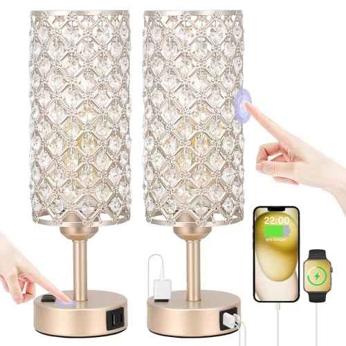 Touch Table Lamps for Bedrooms Set of 2-3 Way Dimmable Champagne Gold Crystal Lamps with Crystal Shade, Bedside Nightstand Lamp for Living Room Bedroom Home Office