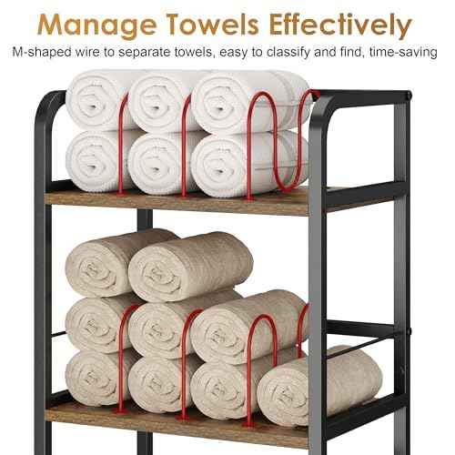 Towel Rack Free Standing Rolling 3-Tier with Removable Dividers & 2 Brake Wheels, Mobile Bathroom Storage Organizer with 3 Wood Shelves for Towels, Toiletries, Poolside Towel Holder
