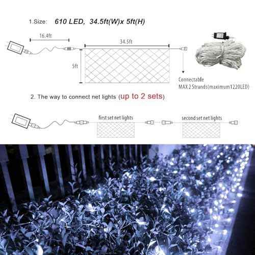 610 LED Christmas Net Lights, 34.5ft x 5ft Mesh Lights Outdoor with Timer & 8 Lighting Modes Clear Wire, Waterproof Connectable String Lights for Bushes Xmas Tree Garden Holiday Party - White