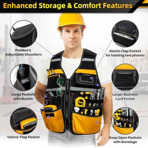 Tool Vest, Electrician Tool Vest for Men, 22 Compartments, Reflective Workwear with Adjustable Waist & Upgraded Comfortable Neck Opening