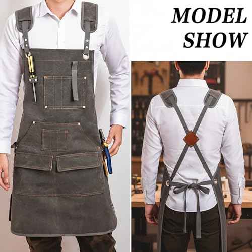 Apron with Pockets,Heavy?Duty Thick Canvas,Electrician & Gardening Tool Apron,Adjustable Cross?Back Straps,Unisex