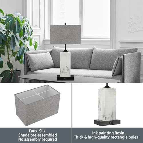 Table Lamps for Living Room Set of 2, Modern Bedside Lamps with Dual USB Ports for Bedroom Nightstand, Large End Table Lamps with Grey Fabric Shades Minimalist Decor Marble Finish