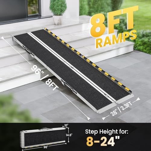 8 Feet Portable Wheelchair Ramp, 600 LBS Capacity Folding Aluminum Threshold Ramp with Anti-Slip Surface, Mobility Access Handicap Ramp for Home Steps, Doorway, Stairs, Doorways, Scooter