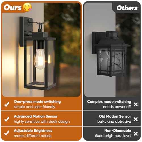 BesLowe 14¡± Upgraded Motion Sensor Outdoor Wall Lights, Dusk to Dawn Porch Lights Outdoor Wall Sconces, 3 Lighting Modes Exterior Lighting Fixtures with Hooks, Black Outside Lights for House, 2-Pack
