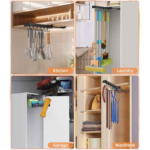 Pull Out Broom Holder With Adjustable Double Row Sliding Hook, Multifunctional Slide Broom And Mop Storage/Organizer Garage Organization Hooks, for Closet Laundry Garage Cupboard Kitchen