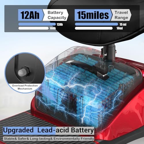 4-Wheel Mobility Scooter for Seniors, Foldable Electric Scooter, Lightweight Powered Electric Wheelchair, Compact Heavy Duty Scooter with Electromagnetic Brake, Rotating Seat, 350LBS Capacity-Red