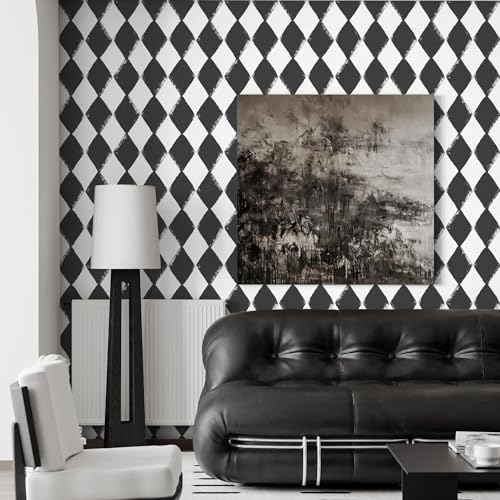 Rugreat Modern Peel and Stick Wallpaper Black and White Geometric Contact Paper for Cabinet Self Adhesive Removable Wallpaper for Bedroom Bathroom Waterproof Black Contact Paper Rhombus 78.8inL17.3inW