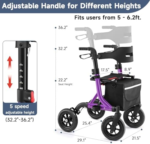 Rollator Walker for Seniors, Foldable All Terrain Rolling Walker with seat, Aluminum Walkers with 10 inch Rubber Wheels, Built-in Cable, Cup Holder, Adjustable Handles and Backrest for Seniors, Purple