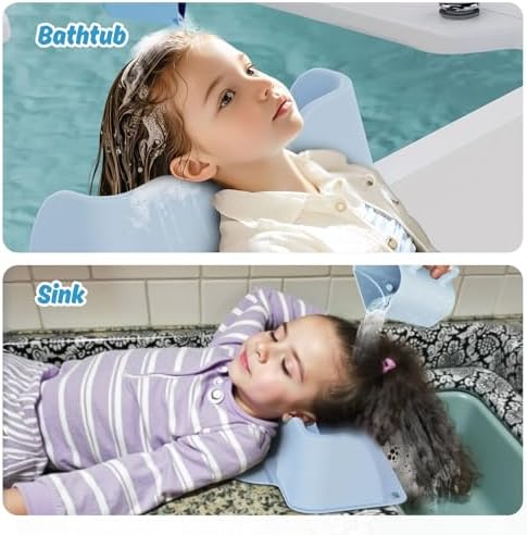 Silicone Portable Hair Wash Station for Kids, Hair Washing Basin with Rinse Cup for Children, Toddlers and Teens on Bathtub or Sink, Tear-Free Shampoo Bowl for Children (Blue)