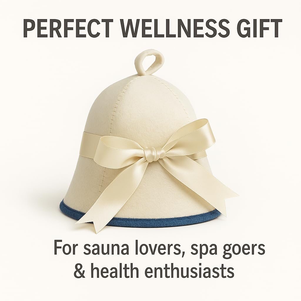 Premium Sauna Hat – 100% Natural Wool, Handmade Sauna Headwear for Men and Women – Eco-Friendly, Breathable, Insulating Hat for Sauna, Steam Room, Banya, and Bathhouse – One Size Fits All, White-Blue