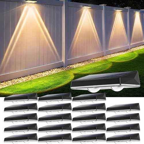 Solar Fence Lights Outdoor 20-Pack | IP67 Waterproof Solar Wall Light | Dusk to Dawn Auto On/Off 12+ Hours for Outside/Backyard/Railing/Step/Patio/Deck/Pool (Warm White & RGB 7 Colors)
