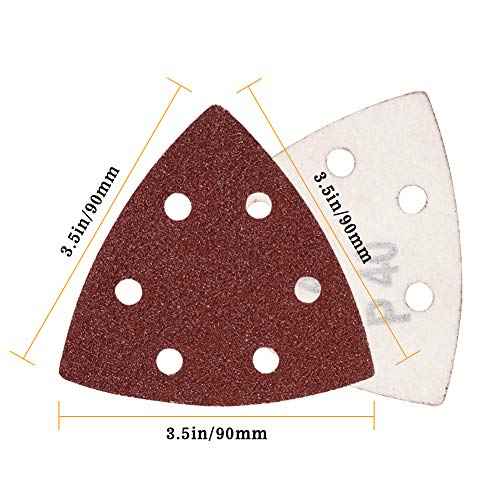 SPEEDWOX 50 Pcs Triangle Sanding Pads Hook and Loop 40 Grit Oscillating Sanding Pad 90mm 6 Holes Fit 3-1/2 Inches Oscillating Multi Tool Detail Sander Sandpaper Triangle Sanding Discs Sanding Tool