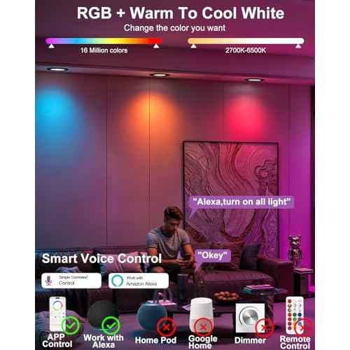 LED Recessed Lighting 6 inch/5 inch, Smart RGB Bluetooth Can Lights, 13W 1050LM, Color Changing, Retrofit Led Recessed Light Compatible with Alexa for Bedroom Living Room Kitchen, 6Pack