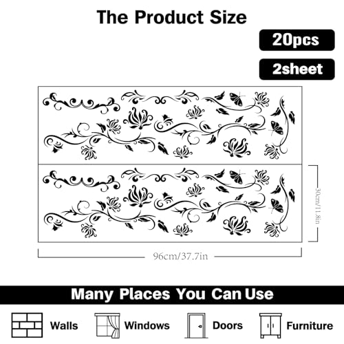 PLIGREAT 2 Sheets Black Flowers Vines Wall Stickers, Butterfly Floral Wall Decals Removable Vinyl Peel and Stick Sticker for Bathroom Nursery Bedroom Living Room Home Indoor Window Decor