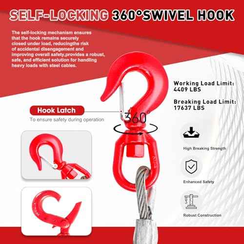 Steel Winch Cable,3/8" x 50' Wire Rope with Swivel Hook,17637 Lbs Breaking Strength,6x19 Strand Core Steel Towing Cable for Tow Truck,Crane,Wrecker