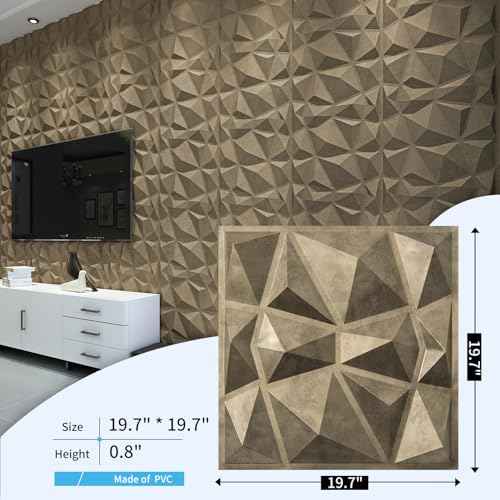 Art3d Textures 3D Wall Panels Antique Gold Diamond Design for Interior Wall Decor Pack of 12 Tiles 32 Sq Ft (PVC)