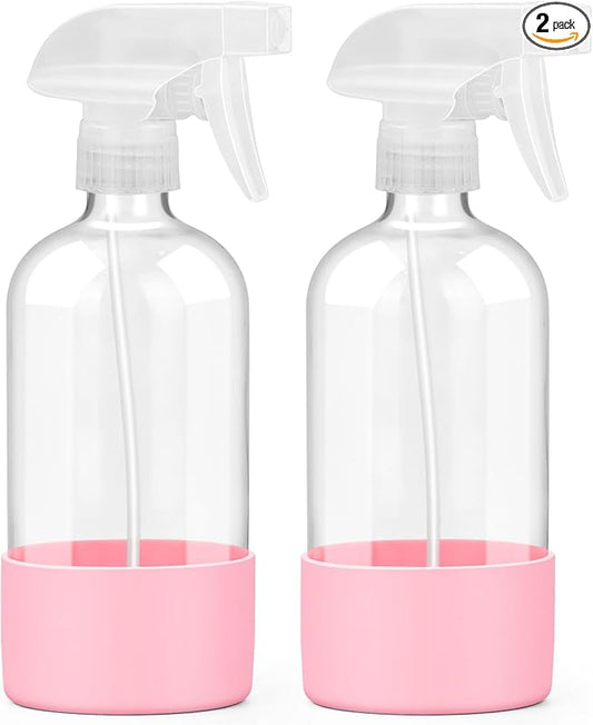 Worldgsb 2 Pack Glass Spray Bottles with Silicone Sleeve, 16 oz Empty Refillable Containers with Adjustable Spray Nozzles, Spray Bottles for Hair, Cleaning Solutions and Plants Pink
