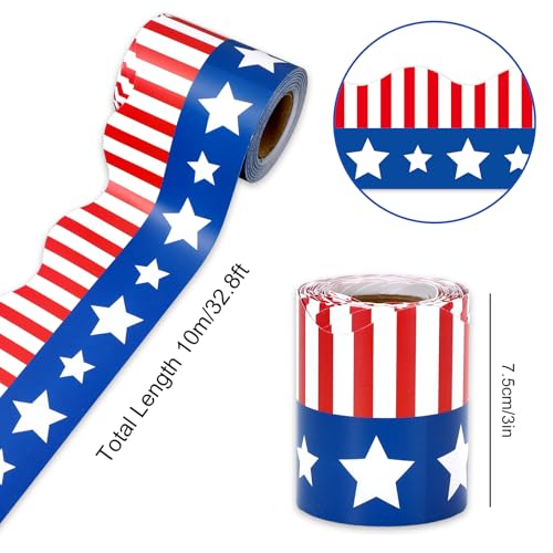 32.8Ft Patriotic Bulletin Board Border Red Blue American Flag 4th of July Star Stripe Die Cut Trim Border Roll for Independence Memorial Day Classroom Back to School Chalkboard Wall Decor