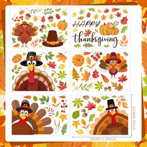 ReliThick 6 Sheets Thanksgiving Wall Decals Turkey Pumpkin Maple Leaves Stickers Thanksgiving Peel and Stick Fall Decor for Home Bedroom Bathroom Wall Door Window Decor