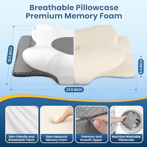 Ergonomic Contour Cervical Neck Pillow for Neck & Shoulder Pain Relief, Memory Foam Pillow for Side/Back/Stomach Sleepers, Skin-Friendly & Breathable Pillowcase, King Size