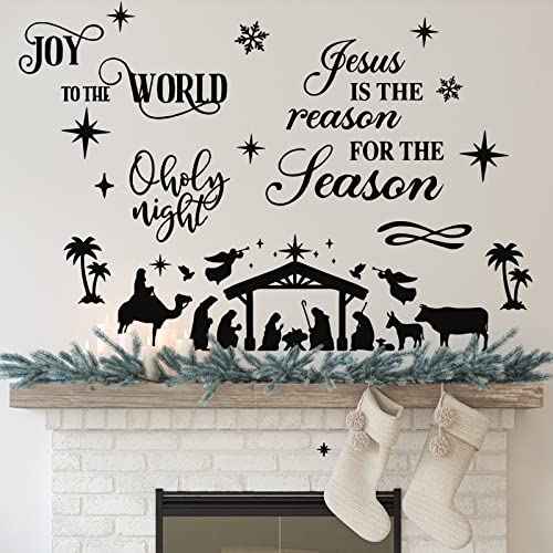 3 Pcs Nativity Scene Decor Stickers Christmas Bible Quotes Christian Vinyl Wall Decal Set Jesus is The Reason for The Season Bible Verse Wall Decals Joy to The World Stickers for Home