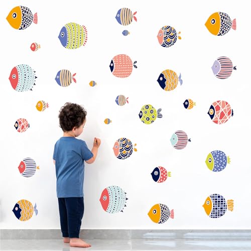 Boho Style Fish Wall Decals Ocean Fish Characters Wall Stickers DIY Peel & Stick Under The Sea Wall Art Sticker for Kids Bedroom Playroom Bathroom Baby Nursery