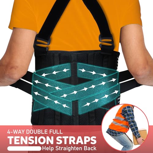 Work Back Brace with Removable Suspender Straps, Lumbar Posture Corrector for Heavy Lifting Safety Protector, Back Support Belt for Men Women in Moving, Construction and Warehouse Jobs Large