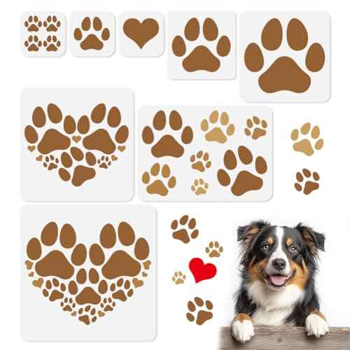 8Pcs Paw Print Stencils for Painting, Reusable Cat Dog Paw Stencil Drawing Templates, DIY Craft Paint Templates for Wall Home Decor Wood Burning Canvas Journal Card