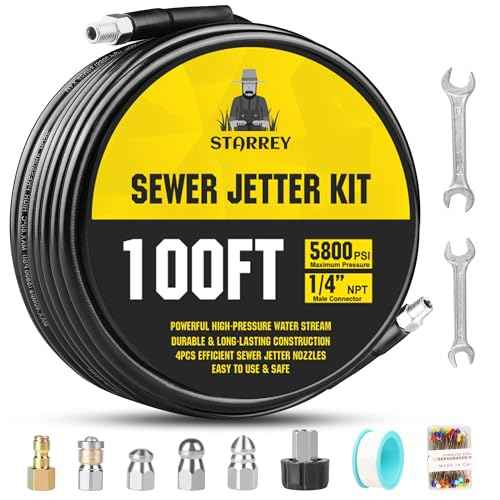 Pressure Washer Drain Jetter ? Sewer Jetter Kit for Pressure Washer 100ft 1/4 Inch NPT Hose Nozzles and Adapter 5800PSI Clears Clogs in Pipes & Sewer Lines