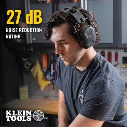 Klein Tools 60570 Hearing Protection Ear Muffs, NRR 27dB, Ultra-Slim Over-the-Head Adjustable Safety Earmuffs for Loud Jobsites
