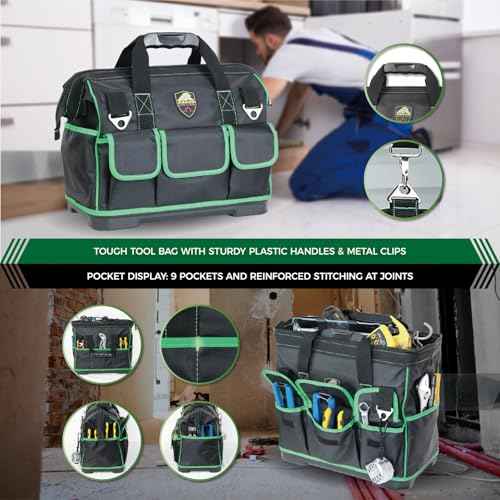 ZAKCO 16 inches Top Opening Tool Tote, 1680D Durable Tool Organizer for Plumber, Electrician, Handyman, HVAC Technicians Tool Bag, Tool Carrying Case with Padded Strap, Green