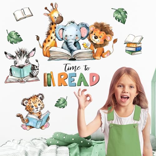 Mfault Time to Read Animal Book Wall Decals Stickers, Educational Elephant Lion Giraffe Nursery Decorations Classroom Bedroom Art, Zebra Leopard Plant Neutral Toddler Kids Reading Corner School Decor